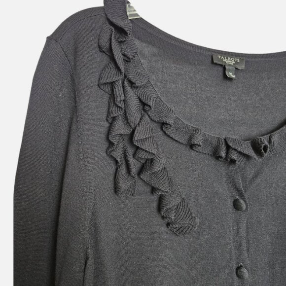 Talbots Women's Black Silk Blend Ruffle Cardigan Sweater Size MP EUC - Picture 4 of 10